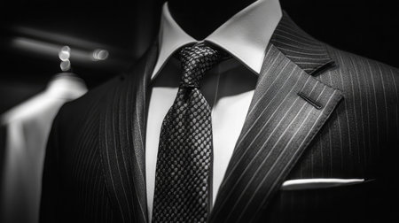 A stylish closeup of a tailored suit with a sophisticated tie, presented in a striking black and white aesthetic. Ideal for fashion-related visuals.の素材