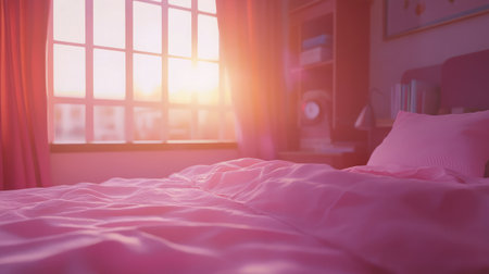 A serene bedroom bathed in soft pink hues and gentle morning light. Perfect for conveying warmth and comfort in an inviting home setting.の素材