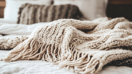 A cozy knit blanket draped over soft bed linen creates a warm and inviting atmosphere. Ideal for showcasing comfort in home decor photography.の素材