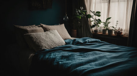 A serene bedroom scene featuring soft textiles, calming colors, and natural light filtering through the window, creating a cozy and inviting atmosphere.の素材