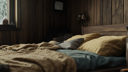 A serene bedroom scene featuring a cozy bed adorned with earthy-toned bedding and soft textiles, creating a welcoming atmosphere for relaxation and rest.の素材