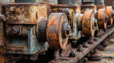 Close-up view of rusty mechanical components showcasing detailed textures, corrosion, and weathering effects in an industrial environment, reflecting age and usage.の素材