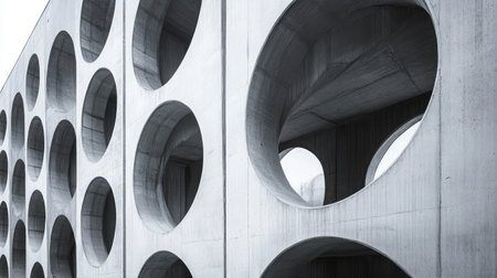 This image showcases a modern concrete wall adorned with circular openings, highlighting innovative architectural design and urban aesthetics in a minimalist style.の素材