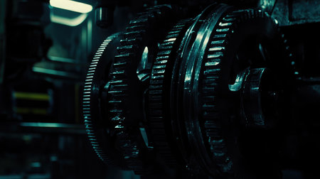 An artistic close-up of industrial gears showcasing intricate details in a workshop environment, highlighted by dramatic lighting and strong shadows to enhance its mechanical beauty.の素材