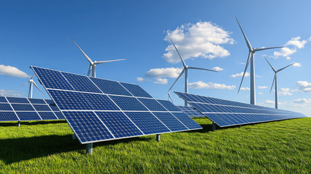 This image illustrates a vibrant convergence of solar panels and wind turbines, symbolizing the advancement of renewable energy solutions in a sustainable landscape.の素材