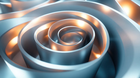 Explore a captivating spiral design featuring metallic tones and warm lighting. This abstract image enhances modern decor while showcasing intricate details and textures.の素材