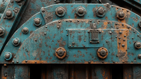Close-up of a weathered blue metal surface with rust, bolts, and intricate details showcasing aged industrial machinery and its unique textures.の素材