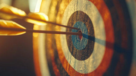A captivating close-up of a target board with arrows striking the bullseye, showcasing themes of precision and focus in archery under warm, atmospheric lighting.の素材
