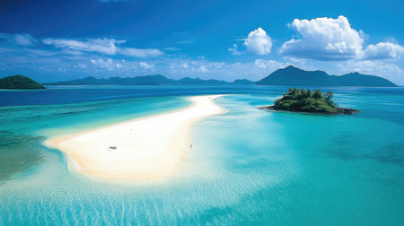 Enjoy the breathtaking view of a tropical island featuring a pristine white sand beach, turquoise waters, and lush greenery, creating a perfect escape for relaxation and adventure.の素材