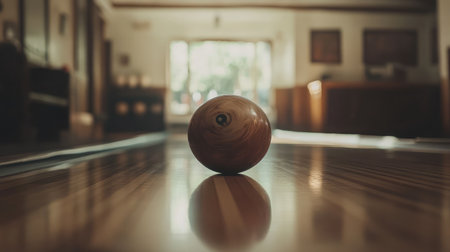 A captivating close-up view of a wooden bowling ball reflecting on a polished lane, capturing the essence of leisure and excitement in a beautifully lit bowling alley.の素材