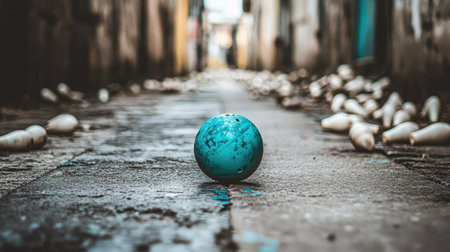 A solitary blue bowling ball rests in the middle of an abandoned bowling alley, surrounded by old pins, evoking a sense of nostalgia and silence in a forgotten space.の素材