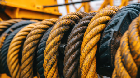 A detailed close-up of thick ropes featuring yellow and black stripes, highlighting the wear and textures suitable for industrial and maritime applications.の素材