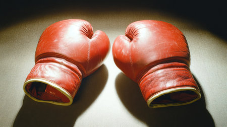 Close-up image of classic red boxing gloves resting on a dark surface, symbolizing strength, determination, and the spirit of sports and martial arts training.の素材