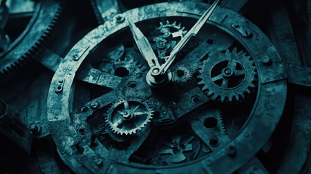 Explore the captivating details of a vintage clock mechanism featuring intricate gears and cogs. This close-up image showcases the artistry and engineering of timekeeping.の素材