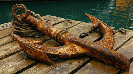 A weathered anchor rests on a rustic wooden dock, surrounded by calm water, showcasing the beauty of maritime heritage and evoking feelings of adventure in nature.の素材