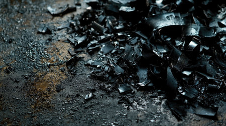 A striking close-up of dark shattered pieces scattered across a rough surface, illustrating themes of destruction and abandonment in an urban environment.の素材