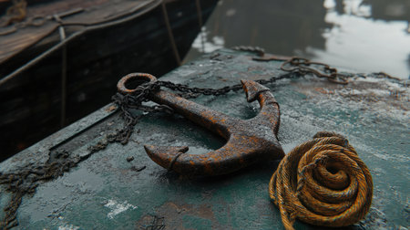 A close-up view of a rusty anchor resting on a weathered dock, accompanied by a coiled rope, beautifully showcasing the rustic charm of maritime life in a tranquil environment.の素材