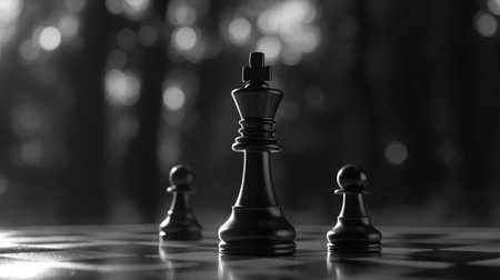 Artistic portrayal of black chess pieces, focusing on a king and pawns on a stylized chessboard with a natural background, conveying strategy and elegance in a dramatic light.の素材