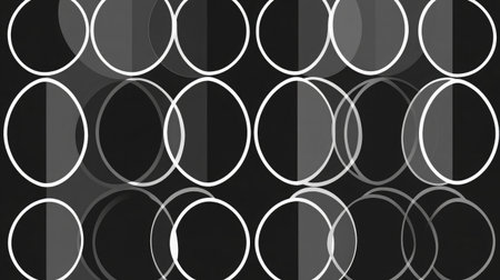 This abstract design showcases a captivating interplay of overlapping circles in black and white, creating a modern texture ideal for artistic projects or backgrounds.の素材