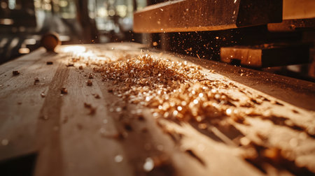 A warm and inviting scene depicting wood shavings scattered on a workshop table, illuminated by soft light, showcasing the artistry of woodworking and skilled craftsmanship.の素材