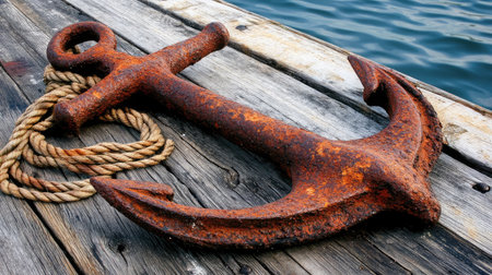 A rusty anchor rests on a weathered wooden dock, surrounded by calm water. This image captures the beauty of nautical life, evoking adventure and maritime history.の素材