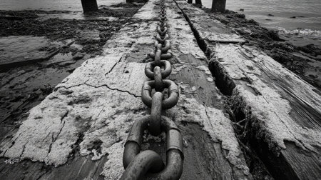 A striking black and white image showcasing a rusty chain leading toward a weathered wooden pier, reflecting nature's beauty and evoking a sense of tranquility and timelessness.の素材
