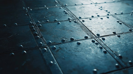 A close-up view of an industrial floor with textured tiles and metallic details, capturing reflections of light and creating a dynamic atmosphere in an urban setting.の素材