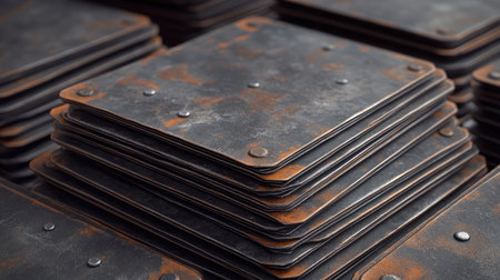 A close-up image of multiple rusty metal plates stacked together, highlighting the intricate textures and weathered surfaces, ideal for industrial themes and background imagery.の素材