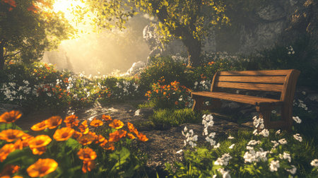 Discover a tranquil forest scene featuring a wooden bench surrounded by vibrant flowers and lush greenery, illuminated by warm sunlight, creating a peaceful escape in nature.の素材
