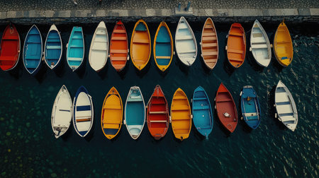 A stunning aerial view of small, colorful boats arranged neatly in a serene harbor, reflecting vibrant shades on the calm water surface, perfect for a tranquil nature scene.の素材