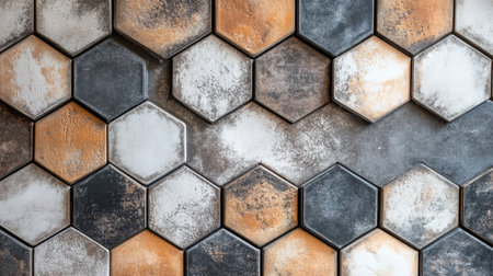 A captivating display of hexagonal tiles showcasing a blend of earthy colors, perfect for adding a contemporary touch to any interior space.の素材