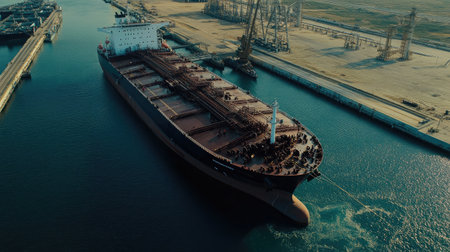 Aerial view of a large cargo ship moving through calm waters near an industrial port, surrounded by loading equipment and a clear blue sky, showcasing maritime logistics and trade.の素材