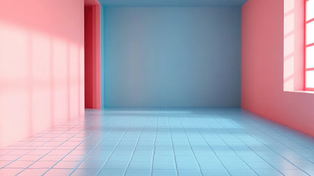 Bright and airy minimalist interior showcasing a blend of light blue and soft coral walls, reflecting modern design trends with spaciousness and tranquility.の素材