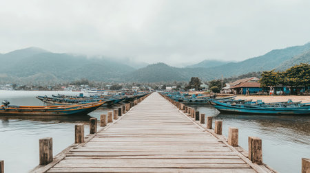 A serene wooden dock extends into still water, surrounded by colorful fishing boats and lush mountains, creating a peaceful atmosphere ideal for relaxation and exploration.の素材