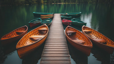 A stunning view of rustic wooden boats gathered near a wooden pier on a quiet lake, surrounded by vibrant green trees, emphasizing the tranquility and beauty of nature.の素材