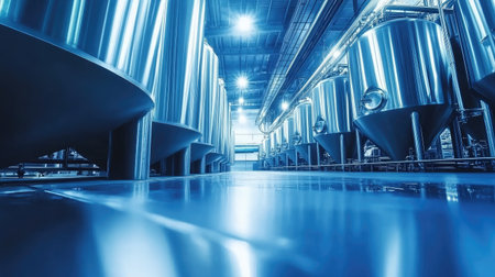A captivating view of a modern industrial brewery featuring stainless steel tanks and bright blue lighting, showcasing the sophisticated technology behind beverage production and innovation.の素材