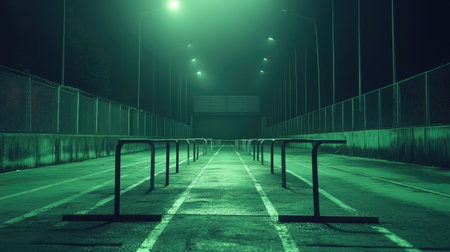 A tranquil and eerie scene featuring an empty athletic track illuminated by soft green lights at night, showcasing hurdles positioned along the pathway, perfect for urban and sport themes.の素材
