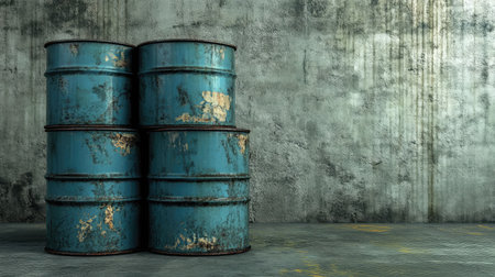A striking industrial composition with stacked blue metal drums against a weathered concrete wall, perfect for projects requiring urban aesthetic and gritty textures.の素材