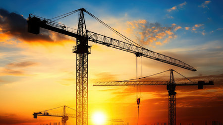 Stunning silhouette of construction cranes against a colorful sunset, illustrating the hustle of urban development and the promise of growth in city landscapes.の素材