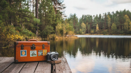 A vintage camera rests beside an old suitcase on a wooden dock by a calm lake, surrounded by lush green trees, symbolizing travel and adventure in nature.の素材