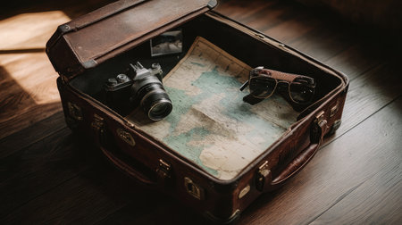 Open vintage suitcase reveals a world of adventure, featuring a detailed map, a camera ready for exploration, and stylish sunglasses for a perfect travel experience.の素材