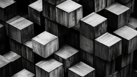 A visually striking abstract composition featuring stacked wooden cubes in black and white. Ideal for modern design, art projects, and creative backgrounds. Perfect for showcasing minimalism.の素材