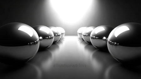 A striking arrangement of glossy silver spheres captures light in a minimalist space, creating an elegant and futuristic atmosphere perfect for modern design aesthetics.の素材