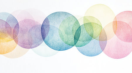 An elegant abstract design featuring overlapping circles in soft pastel colors. This dreamy background is ideal for creative projects, art prints, and modern dの素材