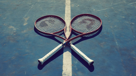 Two tennis rackets are artistically arranged to form a heart shape against a blue court, showcasing the passion and love for tennis. Perfect for sports enthusiasts!の素材