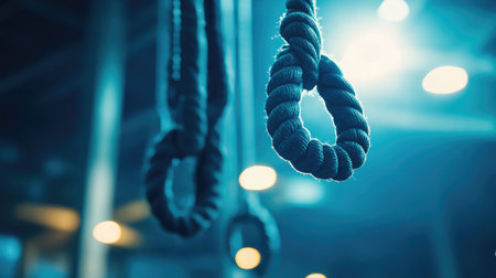 The image captures hanging nooses illuminated by blue lights, evoking feelings of anxiety and despair while creating a stark, moody environment for deep reflection.の素材