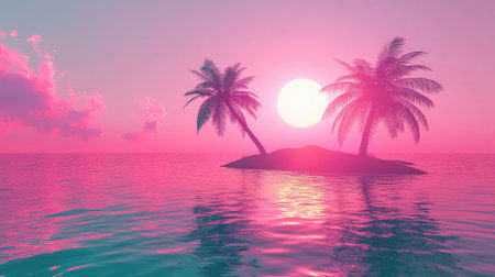 Witness a breathtaking sunset over a tranquil tropical island, featuring swaying palm trees and shimmering waters, all enveloped in calming pink and purple shades.の素材