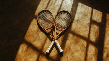 Two vintage tennis rackets are elegantly crossed on a rich wooden floor, illuminated by soft sunlight, capturing the nostalgic charm of classic sports equipment.の素材