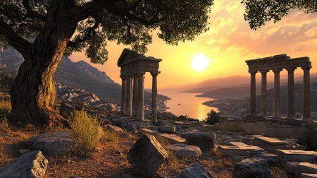 A breathtaking view featuring ancient ruins against a backdrop of a vibrant sunset over serene waters, framed by majestic mountains and lush flora, evoking a sense of history and tranquility.の素材