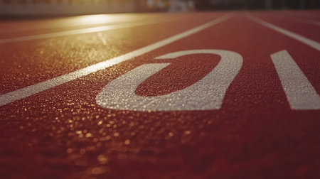A vibrant close-up of a red running track, showcasing its lane markings under the glow of a warm sunset, ideal for themes related to sports, fitness, and motivation.の素材